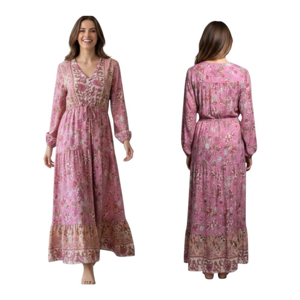 R. Vivimos Pink Floral Maxi Long Sleeve Retro Festival Boho Dress M